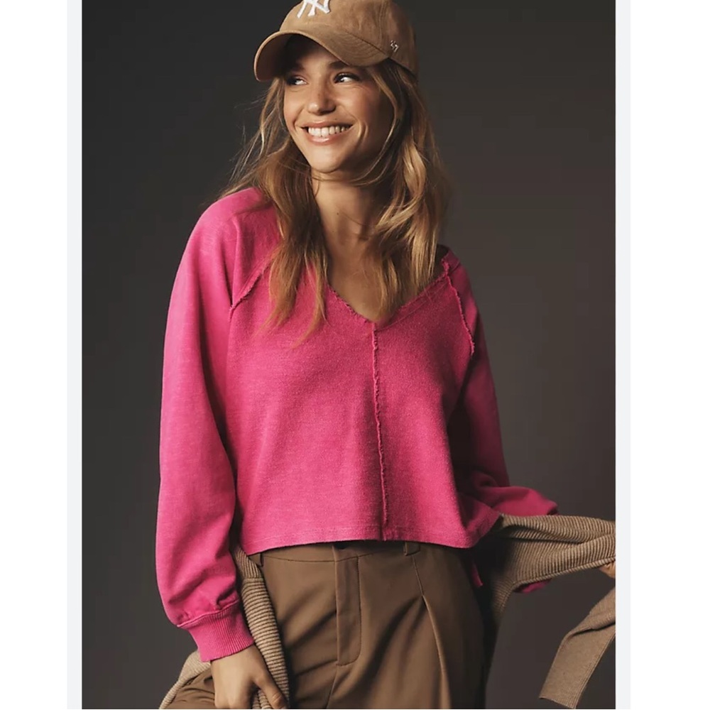 Anthropologie Pilcro Reworked Popover Sweatshirt Pink Oversized Crop Preppy